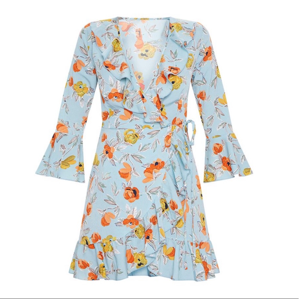 Pretty Little Thing Blue & Orange Floral Ruffle Wrap Dress - Picture 2 of 10